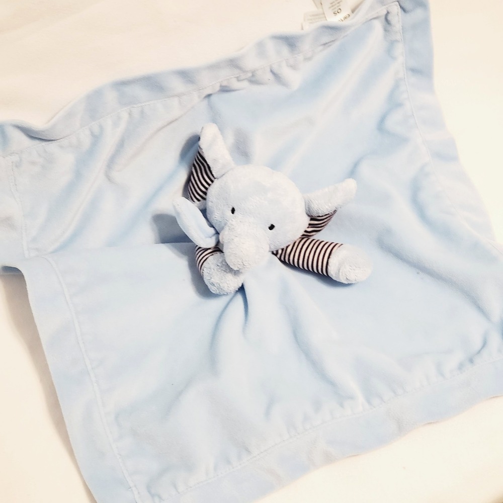 Carters Baby Blue Elephant Lovey Rattle Security Blanket Stripe Navy Plush Satin
